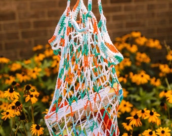 Stretchy Farmer’s Market Bag | handmade crocheted cotton grocery tote with handles