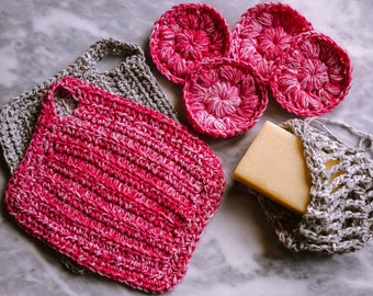 Spa gift set | handmade crocheted reusable skincare | washcloth, face pad, and soap cozy bundle
