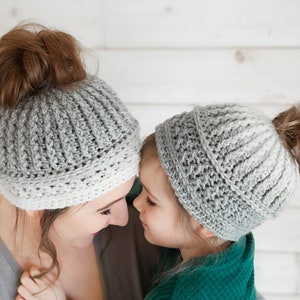Messy Bun Hat handmade crocheted ponytail beanie child and adult sizes mommy and me hats image 3