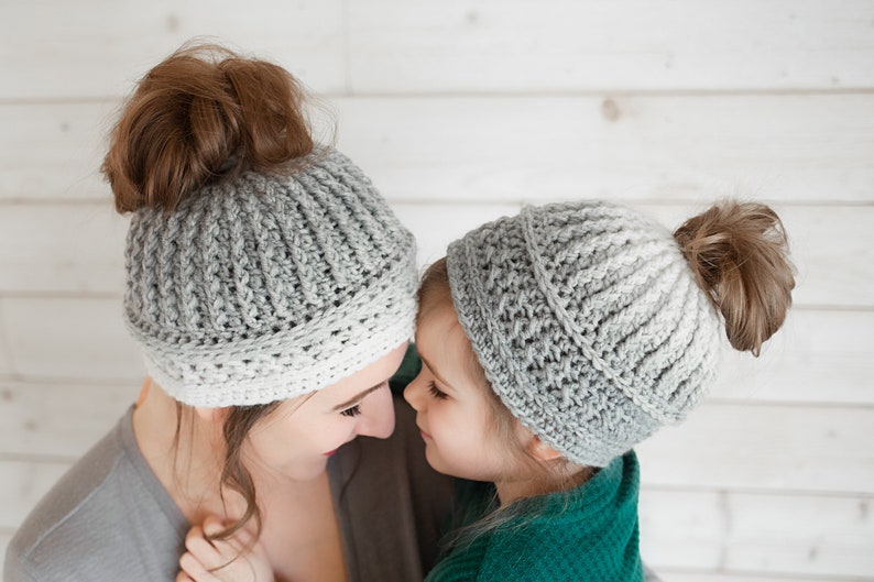 Messy Bun Hat handmade crocheted ponytail beanie child and adult sizes mommy and me hats image 3