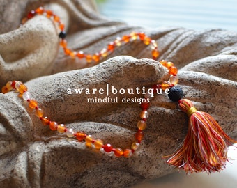 Carnelian Mala Necklace | Ra | 108 Bead Mala | Black Onyx & Lava Stone | Silk Tassel