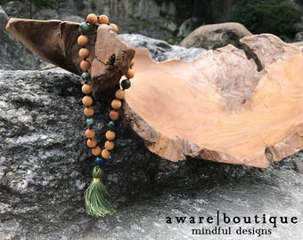 Aranyani Pocket Mala | Earth Element | 27 beads | Hand-Knotted | African Turquoise Marker & Azurite Guru Bead | Silk Tassel