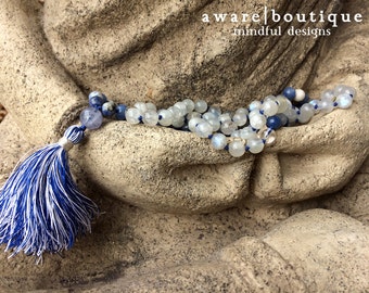 Rainbow Moonstone Mala Necklace | Aether | 108 Bead Mala | Sodalite, Blue Aventurine, Clear Quartz, Aquamarine | Silk Tassel