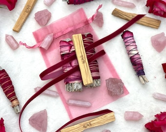 LOVE Kit | Self-Love | Mother's Day Gift | Rose & White Sage Bundle | Palo Santo | Rose Quartz Crystal | Sustainable | Herbal Floral Blend