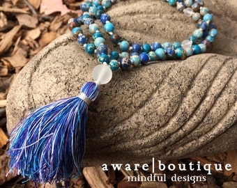 Sea Sediment Jasper Mala Necklace | Ægir | 108 Bead Mala | Frosted Sea Glass | Silk Tassel