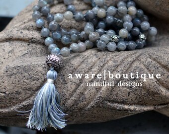 A Labradorite Mala Necklace | Mujaji | 108 Bead Mala | Handcrafted Balinese Silver | Silk Tassel