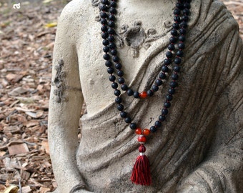 Lava Mala Necklace | Pele | 108 Bead Mala | Fire Agate & Carnelian | Silk Tassel