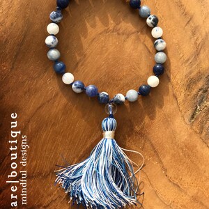 Aether Pocket Mala Moonstone, Sodalite & Aventurine Air Element 27 beads Hand-Knotted Quartz, Aquamarine Markers Silk Tassel image 3