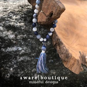 Aether Pocket Mala Moonstone, Sodalite & Aventurine Air Element 27 beads Hand-Knotted Quartz, Aquamarine Markers Silk Tassel image 1