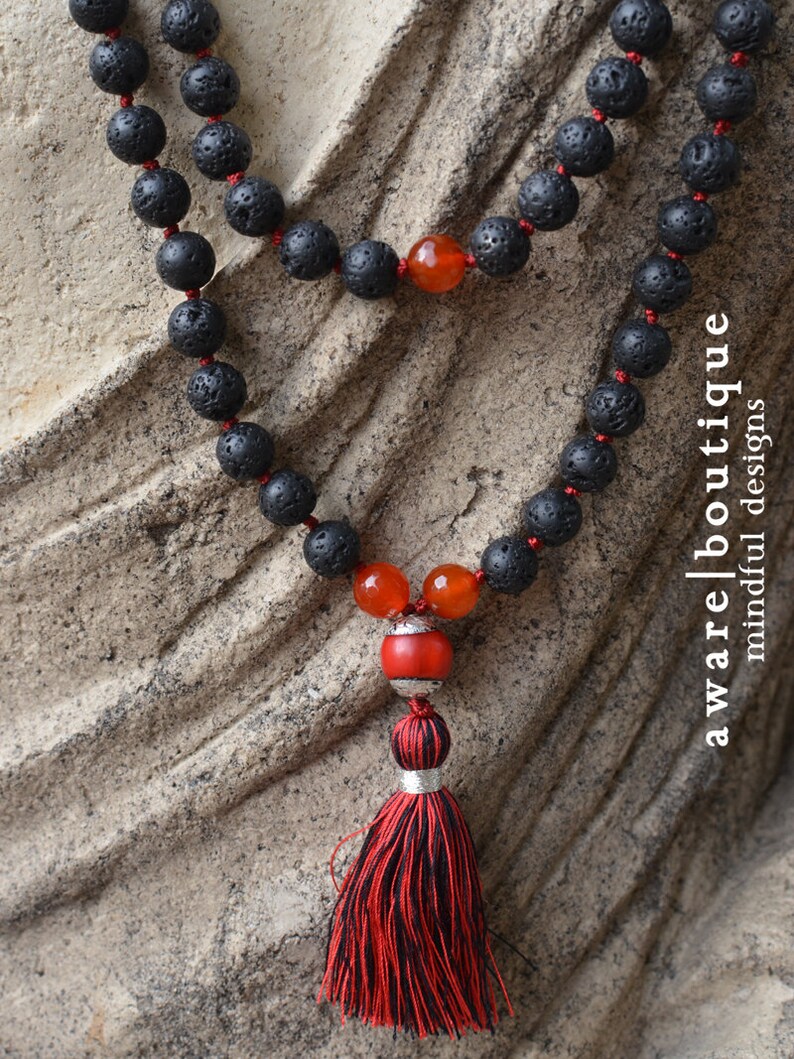 Lava Mala Necklace Pele 108 Bead Mala Fire Agate & Carnelian Silk Tassel image 4
