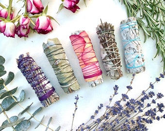 Herbal Sage Sampler | Love, Breathe, Serene bundles | Five Sacred Smoke Sticks | Herbal Floral Blend | Housewarming | Energy Clearing Ritual