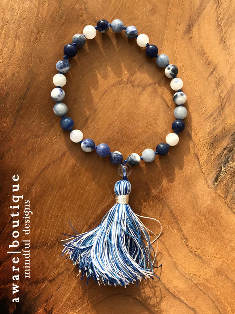 Aether Pocket Mala Moonstone, Sodalite & Aventurine Air Element 27 beads Hand-Knotted Quartz, Aquamarine Markers Silk Tassel image 3