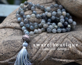 AA Labradorite Mala Necklace | Mujaji | 108 Bead Mala | Handcrafted Balinese Silver | Silk Tassel