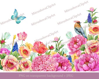 Flowers  bird  butterfly,PNG flower background, watercolor floral print , beautiful design for printing posters, postcards PNG 42*24 cm