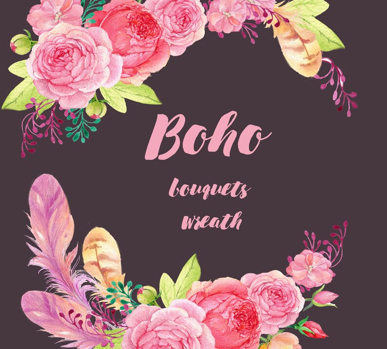 Wreath boho Watercolor Clipart boho style watercolor hand painting watercolor bouquet of flowers and feathers and the wreath