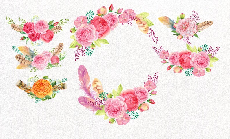 Wreath boho Watercolor Clipart boho style watercolor hand painting watercolor bouquet of flowers and feathers and the wreath