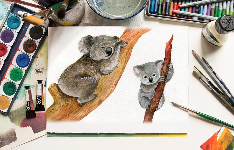 illustration.Koala Watercolor .Cute Animal Illustration.Australia Flower.eucalyptus leaves Animal graphics Koala Animals Clipart