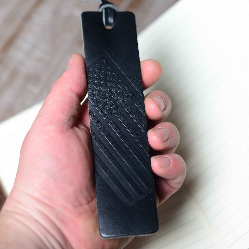 American Flag Leather Bookmark | A Unique and Patriotic Gift Idea | Perfect Veteran Thank You Gift | Perfect for Home, School, Travel | USA Black