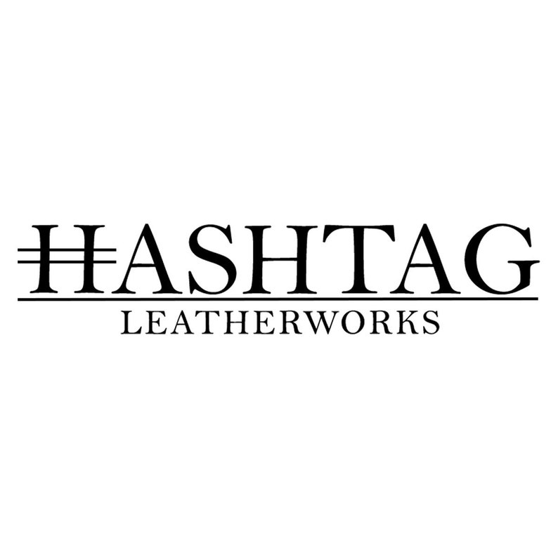 May include: Black and white logo for a leather goods company called "#HASHTAG LEATHERWORKS"