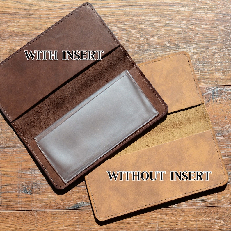 May include: Two brown leather wallets, one with a clear plastic insert labeled "WITH INSERT" and the other without an insert labeled "WITHOUT INSERT".