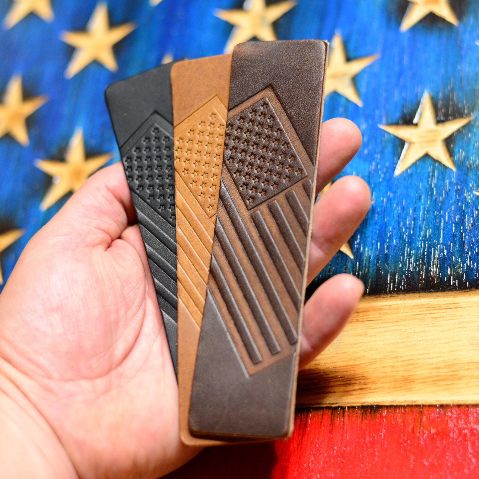 Veteran-Crafted Leather American Flag Bookmark Set
