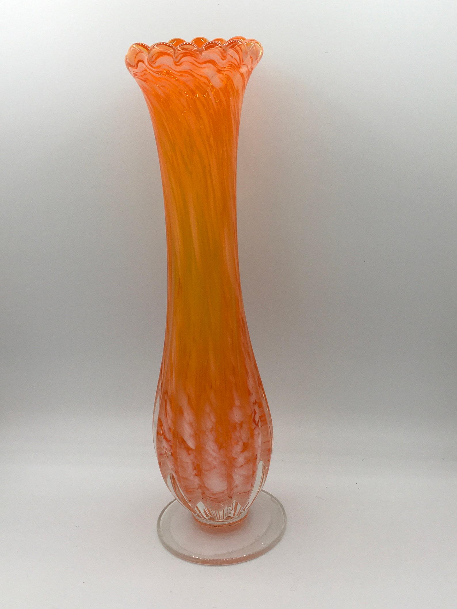 Vintage Blown Glass Vase Orange & White Scalloped Top Edge 11 Etsy