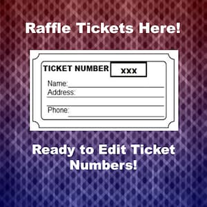 以下が含まれることがあります： 「Raffle Tickets Here!」というテキストが上部にあり、「Ready to Edit Ticket Numbers!」というテキストが下部にある白黒の抽選券テンプレート。チケットには、チケット番号、名前、住所、電話番号の記入欄があります。