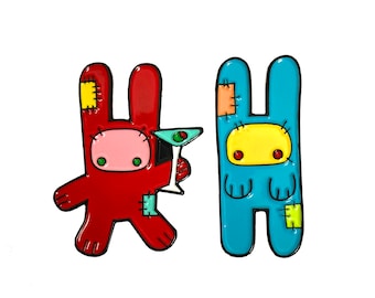 Red Martini Bunny + Blue Patches Bunny Enamel Pin Set of Two | Party Animal Lapel Pins | Mid-century Modern Hat Pin | MCM Retro/Vintage Pin
