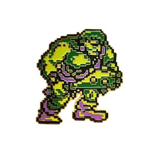 May include: A green, yellow, and purple pixelated character with a black outline. The character is in a walking pose with its arms raised. The character is a video game character.