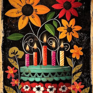 Biglietto di auguri di compleanno di alta qualità, unico, originale, festivo, artistico, stravagante, ingenuo / Download digitale immediato / Design colorato, gioioso ed elegante