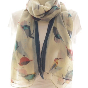 Cream bird Scarf shawl, Beach Wrap, Cowl Scarf,cream bird print scarf, gifts for her