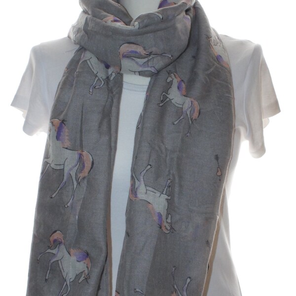 Grey unicorn horse scarf shawl, Beach Wrap, Cowl Scarf, unicorn print scarf, gifts for her