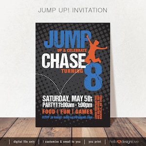 Jump Up! Printable Party Invitation, Jumping Party, Trampoline Party, Bounce House Birthday, Kid Birthday, Boys, Black, Orange, Blue, Invite