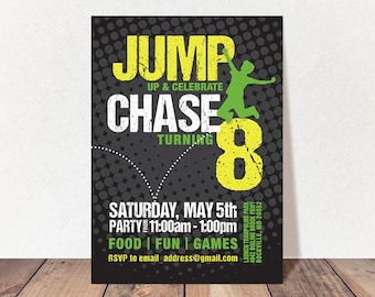 May include: A black and green birthday party invitation for an 8-year-old boy. The invitation features a silhouette of a boy jumping on a trampoline with the text "Jump Up!" and "Chase Turning 8". The invitation includes the date, time, and location of the party, as well as the RSVP information.