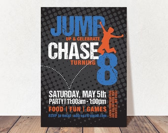 Jump Up! Printable Party Invitation, Jumping Party, Trampoline Party, Bounce House Birthday, Kid Birthday, Boys, Black, Orange, Blue, Invite