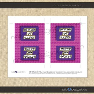 Building Block, Brick Party Favor Gift Tag, Girl Birthday Party, Pink, Purple, Thanks for Coming Gift Tags, Friends Party, Instant Download