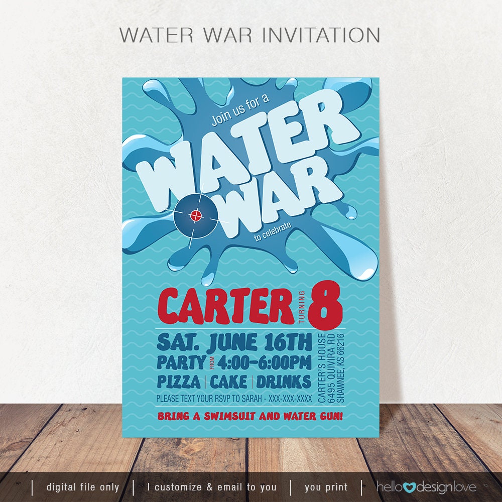 Water War Printable Party Invitation, Water Gun Party, Splash Pool