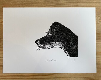 Jack Russell Terrier Original Hand Printed Linocut Print in black. Jack Russell Terrier pet portrait. A4, limited edition of 50.