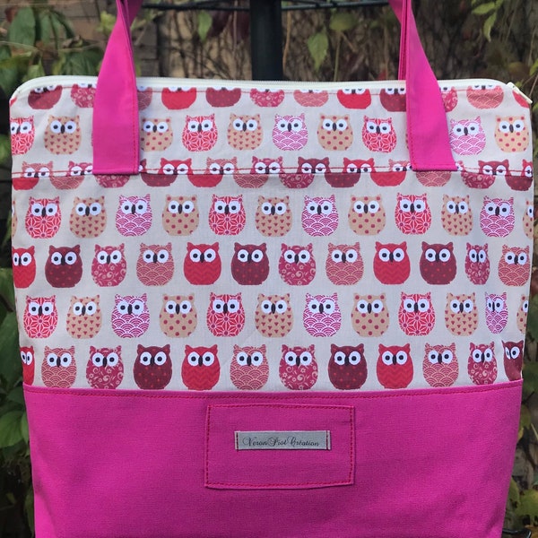 sac en tissu avec fermeture / fourre tout course loisir hibou rouge beige prune fille femme cadeau sac toile sac à main épaule doublé