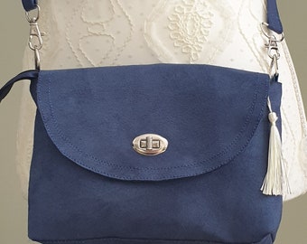 Women's navy suede wedding shoulder bag that closes with a zipper, small bag, body pouch VéronpiotCreation