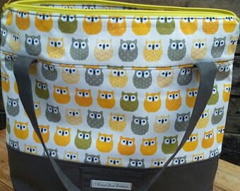 Fabric bag with closure yellow owls tote cotton bag with zipper shopping bag practical grocery bag veronpiotcreation