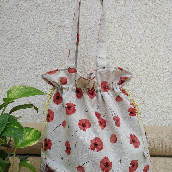 Sac à main avec poche tissu graines de pavots coquelicot bag sac course sac cabas pochon épaule veronpiotcreation cadeau femme zéro déchet