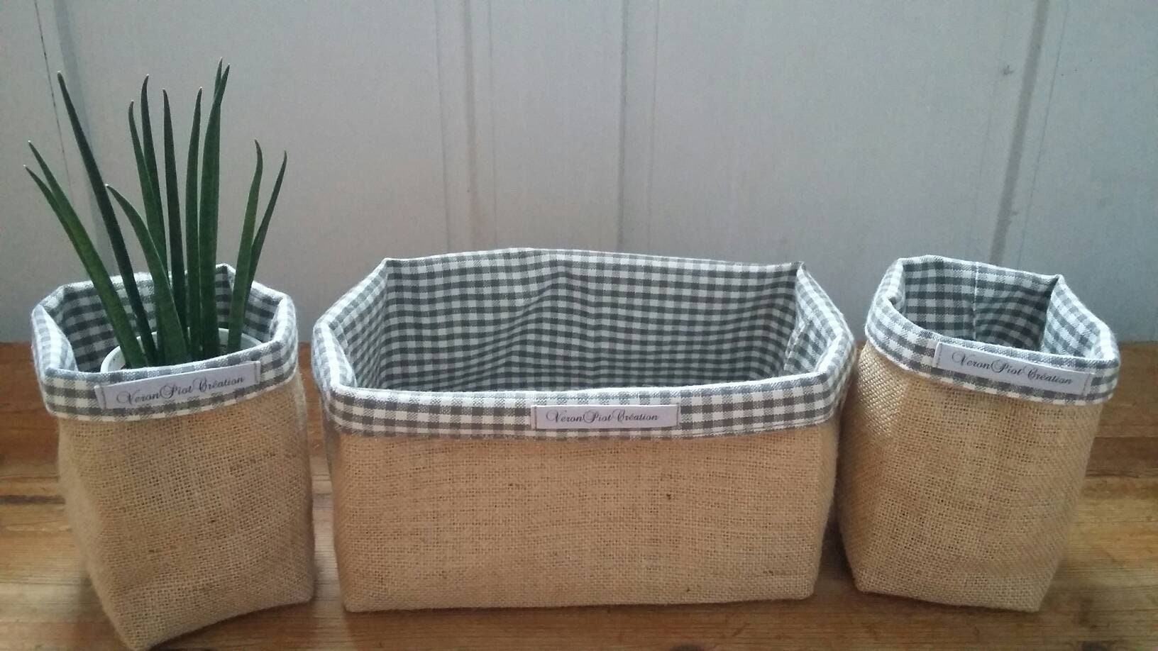 Panier Toile de Jute et Coton Gris Blanc Carreaux Rangement Vide Poche Organisation Cadeau Crémaillè