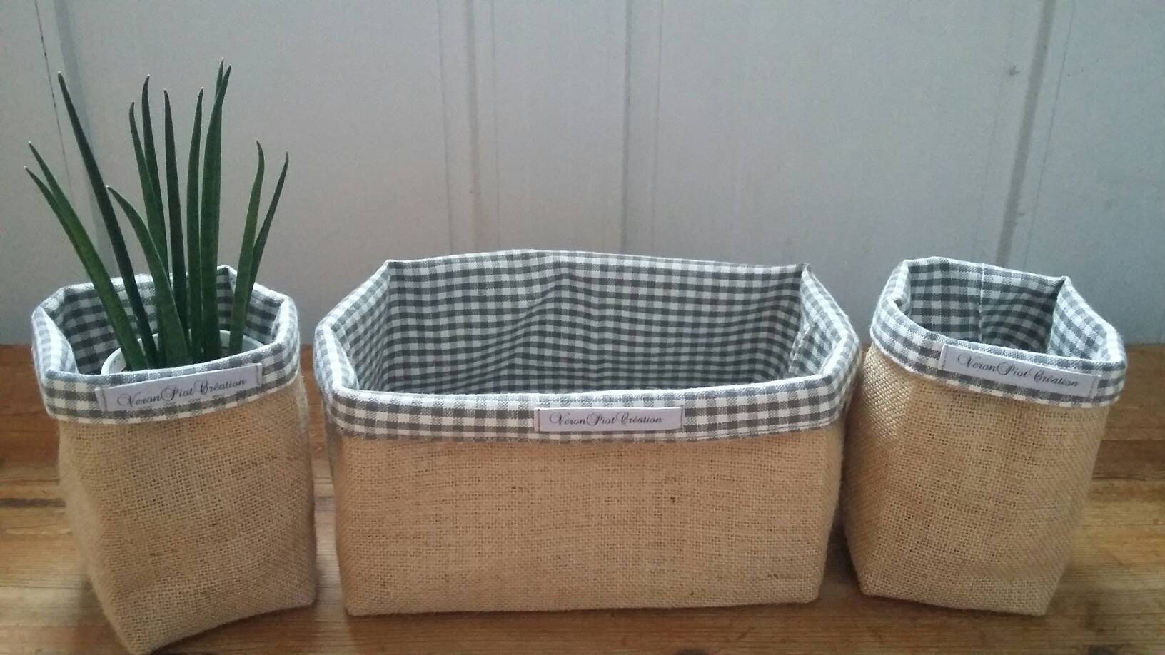 Panier Toile de Jute et Coton Gris Blanc Carreaux Rangement Vide Poche Organisation Cadeau Crémaillè