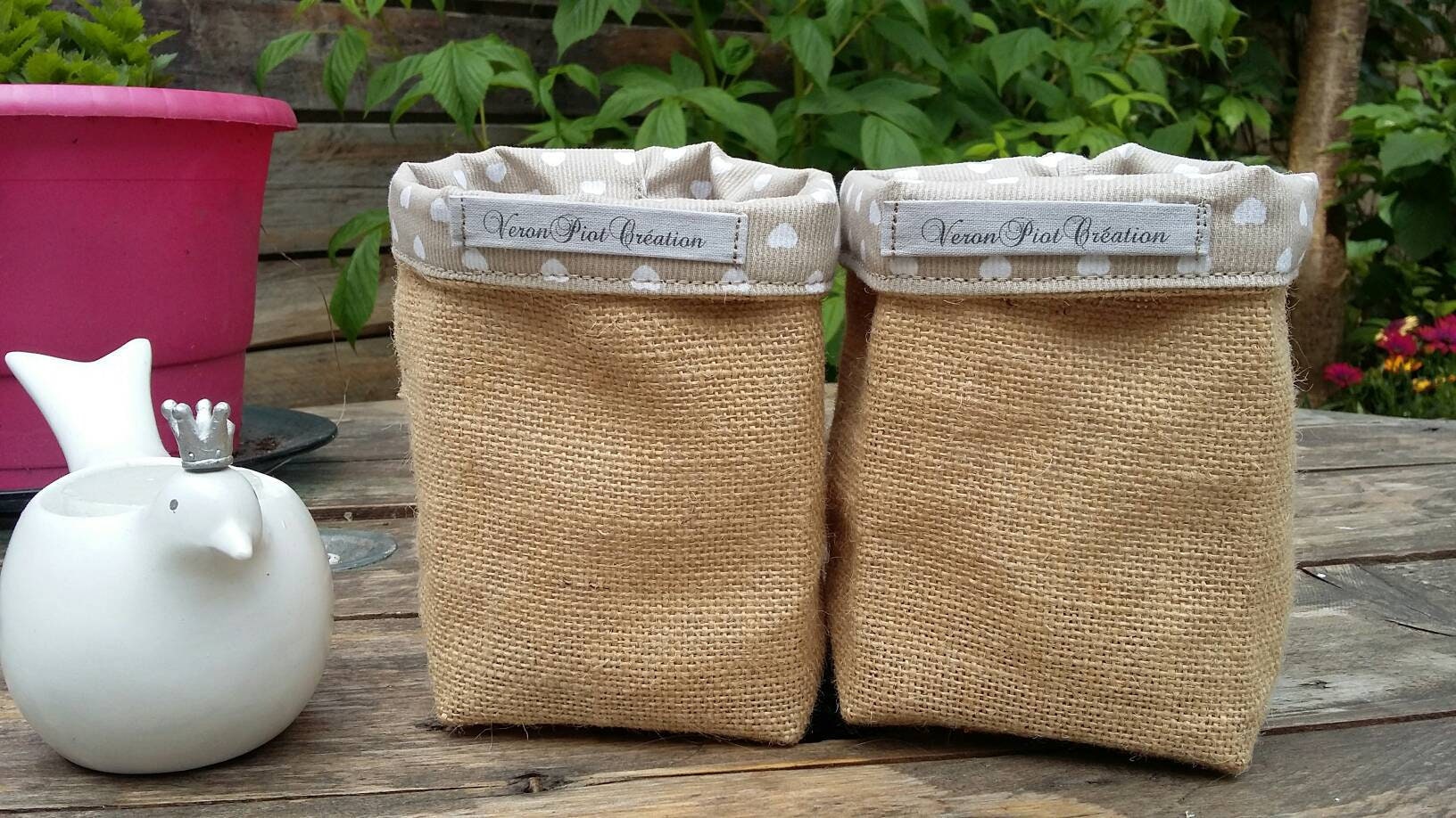 Panier Toile de Jute Vide Poche Coton Rouge Imprimé Cœur Blanc Cadeau Emballage Rangement Décoration