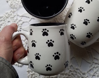 Paw prints mug Cat mug Dog mug, Large Black and White coffee mugs, black cat mug animal lover cup, colorful mug gift