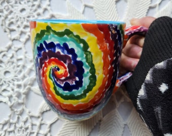 Tie Dye mug, ceramic mug coffee cup, rainbow tie dye rainbow design, colorful mug bright colors spiral sky blue gift