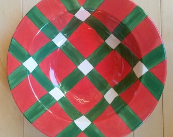 hand painted elf Christmas red large bowl cotton headed ninny muggins snack mix gift, popcorn bowl punch bowl green polka dots