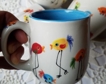 Rainbow bird mug, ceramic coffee cup, rainbow colorful birds mug, bright colors gift, cartoon thumbprint birds having a conversation