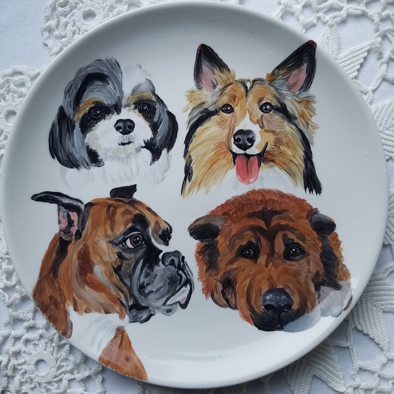 Custom pet plate made to order dog cat plate paint your favorite pet great gift for loved ones gift 10 inch dinner plate cat plate dog plate 4 pets on 10" plate